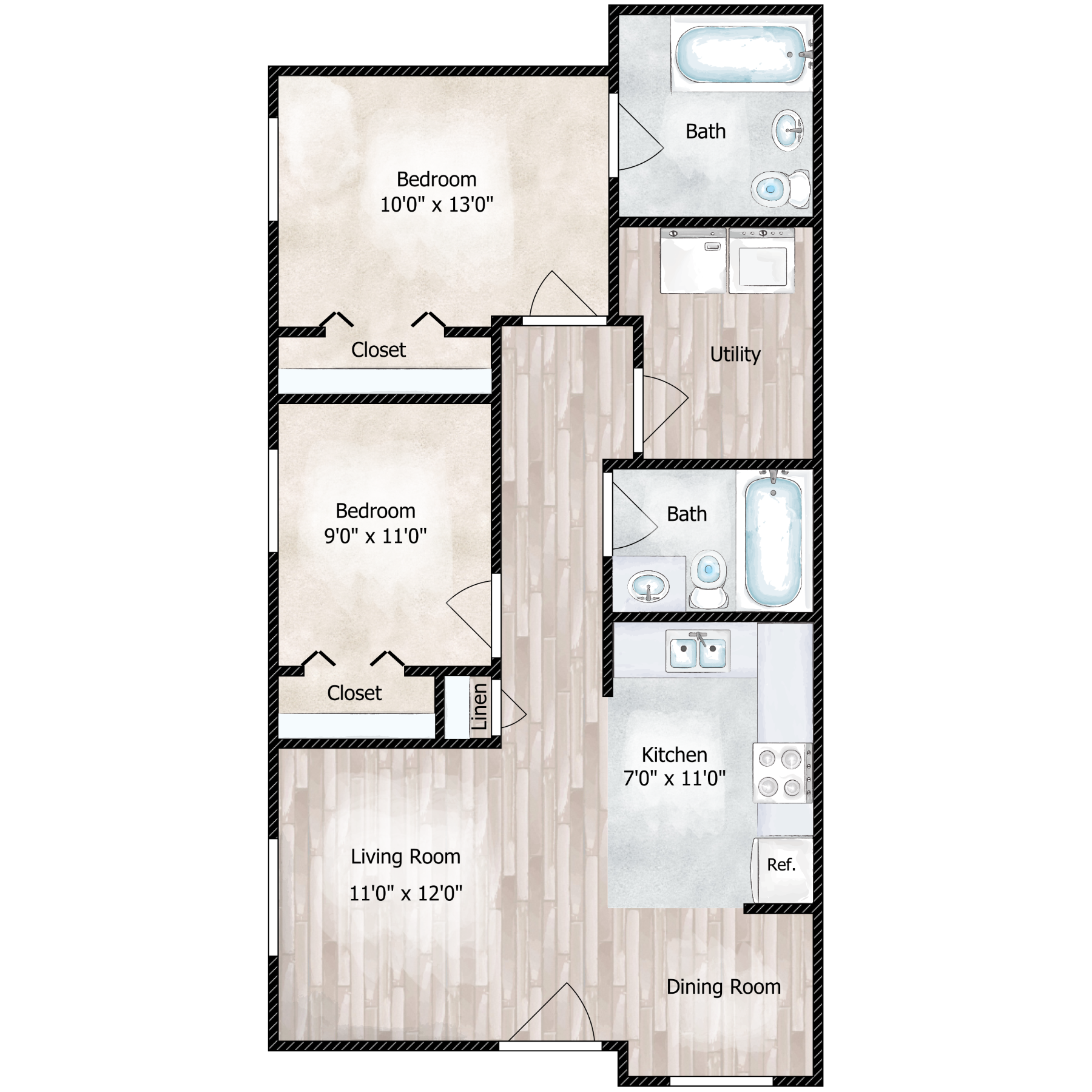 Floor plan for 2 beds, 2 baths, 858 sqft
